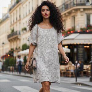 Lungo L’Arno Grey Linen Dress White Floral Embroidery & Sequin Trim Size S